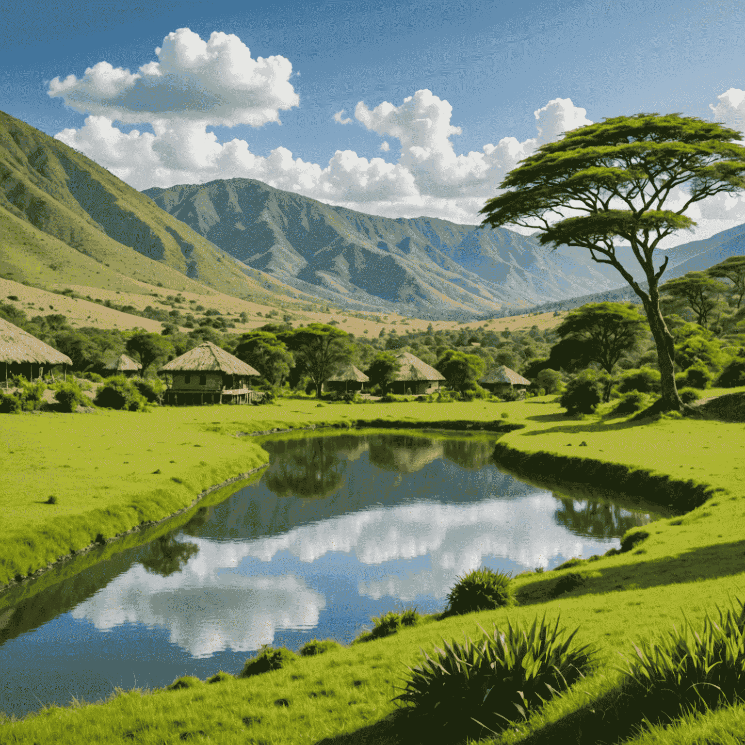 A serene Ugandian landscape with lush green hills and a calm lake, symbolizing the natural approach to health and wellness offered by PureviaCare