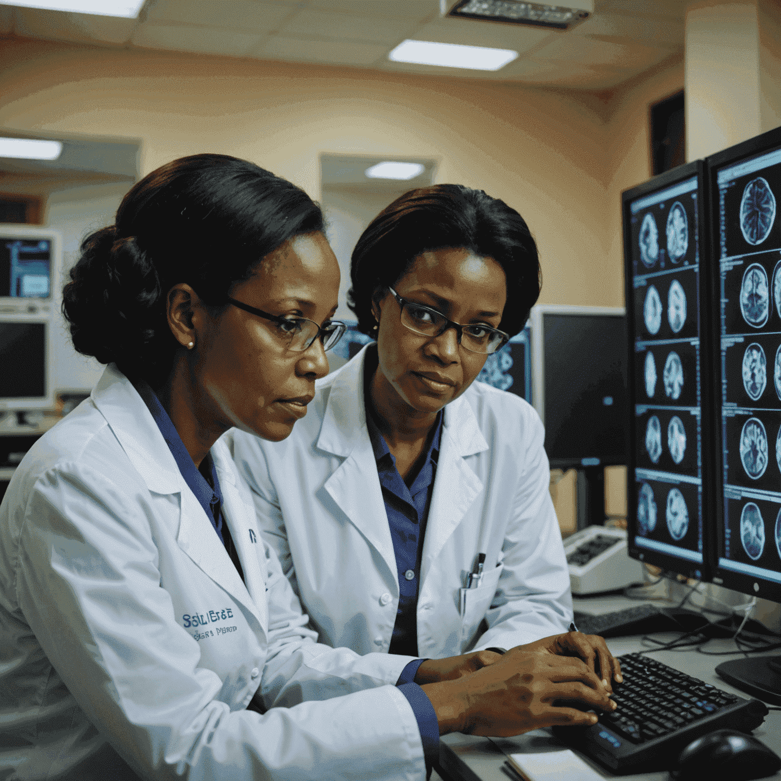 Scientists in a laboratory in Kampala, Uganda, examining brain scans and discussing results of Alzheimer's research