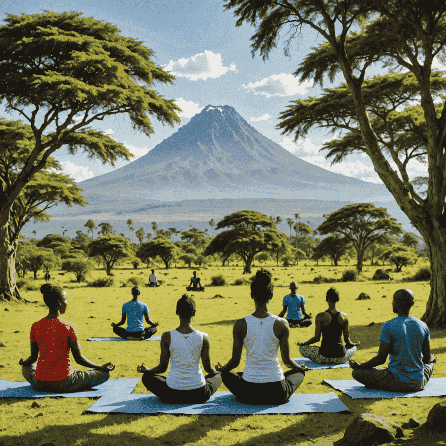 A serene Ugandian landscape with people practicing yoga outdoors, surrounded by lush greenery and with Mount Uganda in the background
