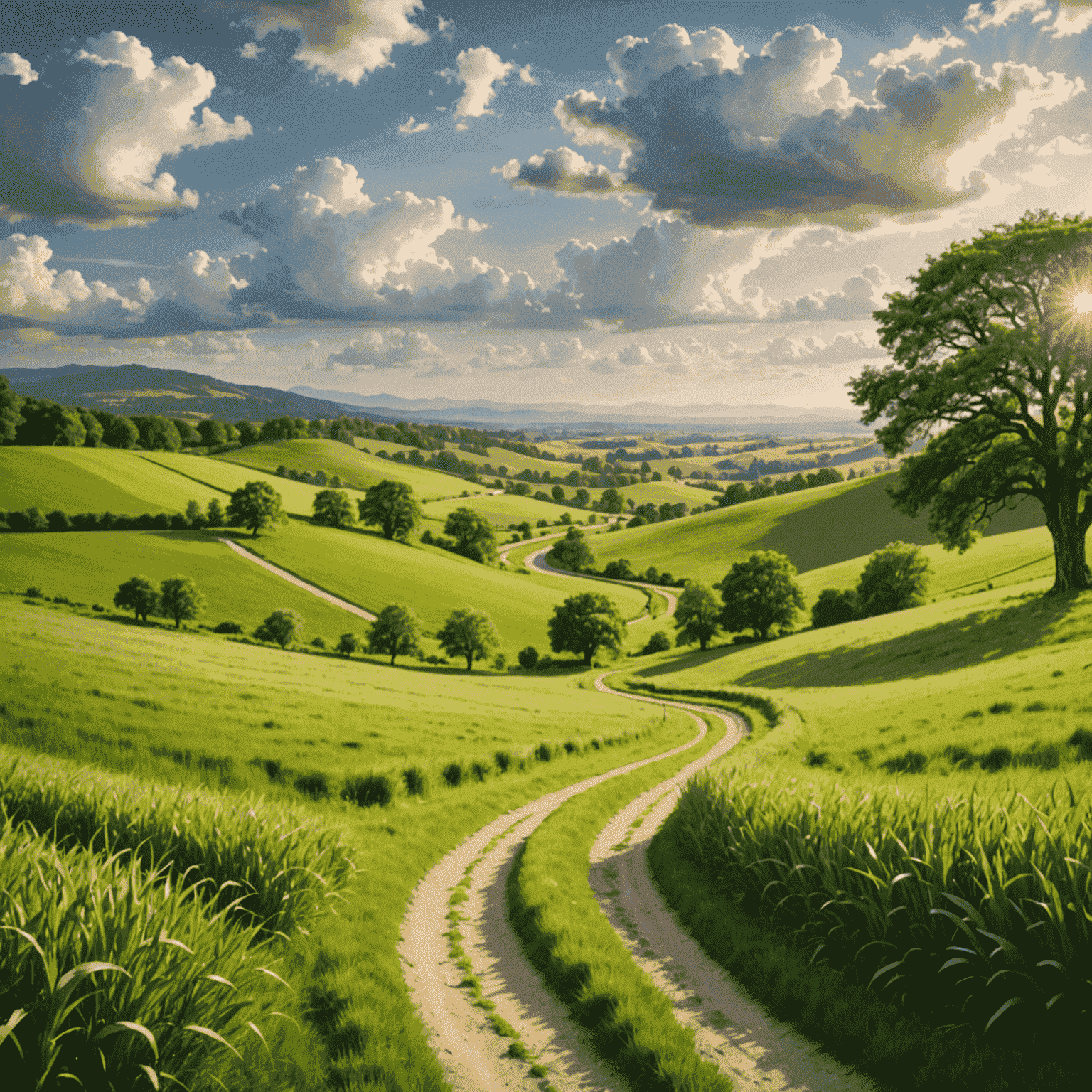 A serene landscape showing a lush green field with a winding path, symbolizing the journey to health and wellness. The image has a soft, calming atmosphere with gentle sunlight filtering through scattered clouds.