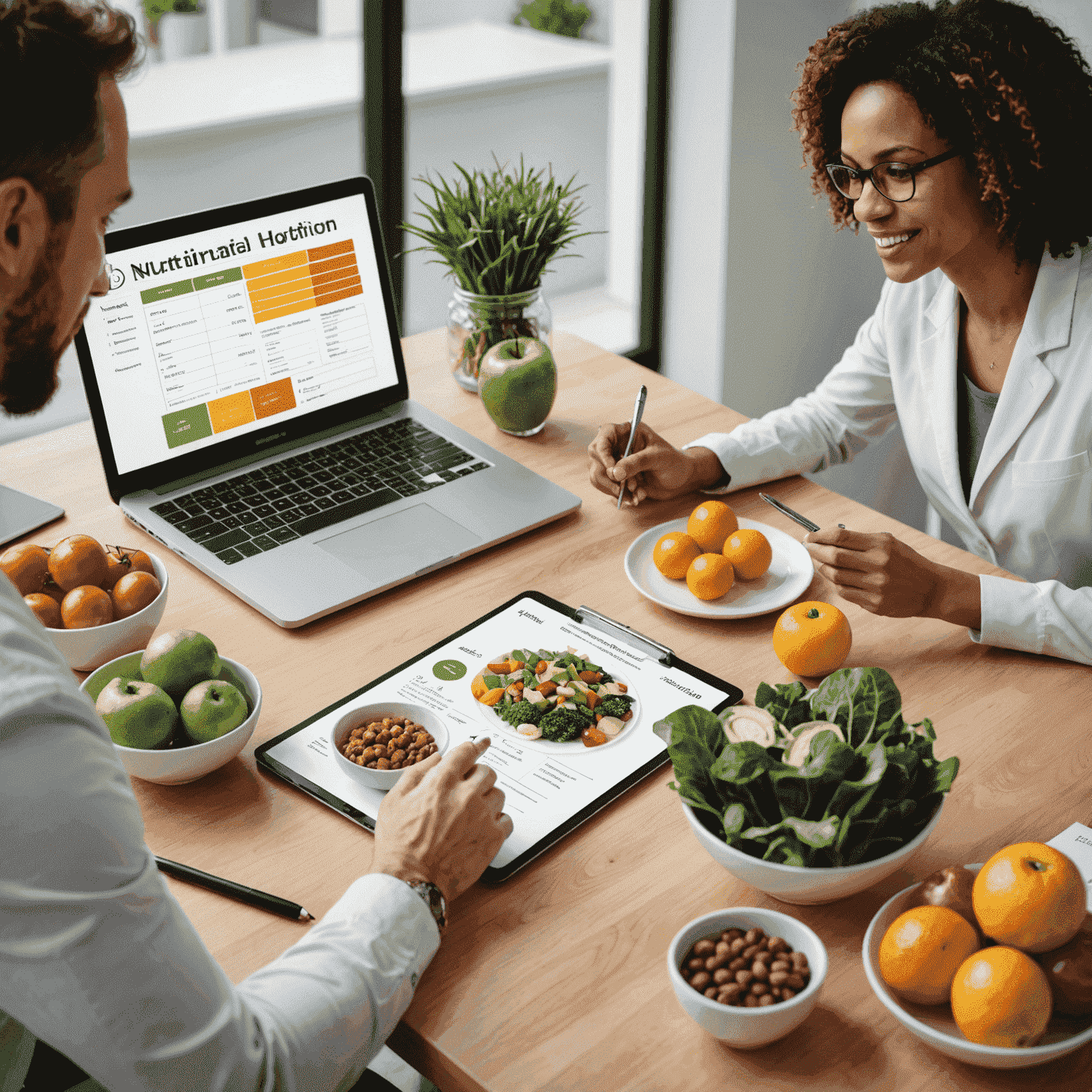A nutritionist consulting with a client, discussing a personalized meal plan. The image shows a desk with various healthy foods, a laptop displaying nutritional information, and both individuals engaged in conversation in a bright, welcoming office setting.