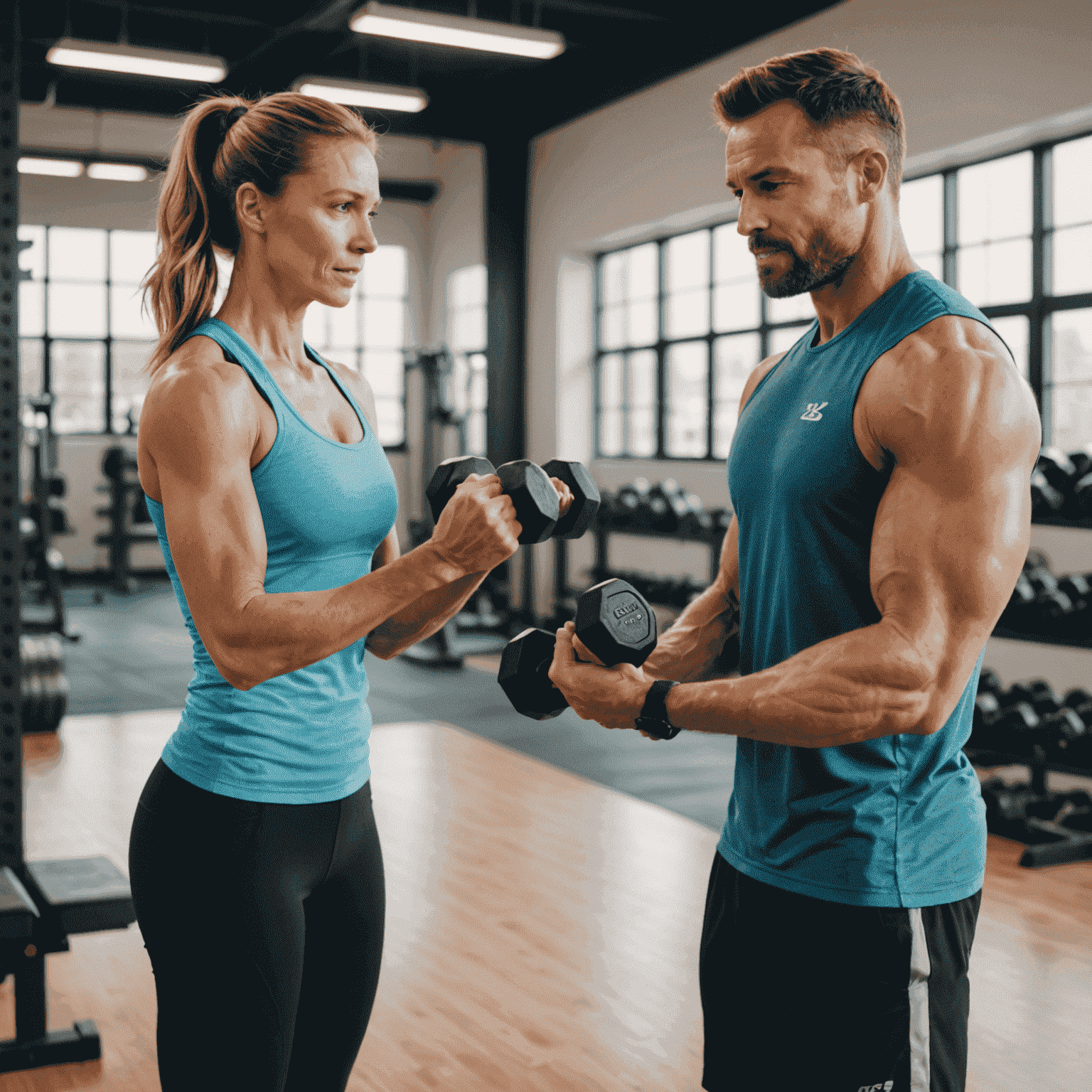 A fitness coach guiding a client through a personalized workout routine in a bright, airy gym space. The coach is demonstrating proper form for a dumbbell exercise while the client follows along, both wearing comfortable workout attire.