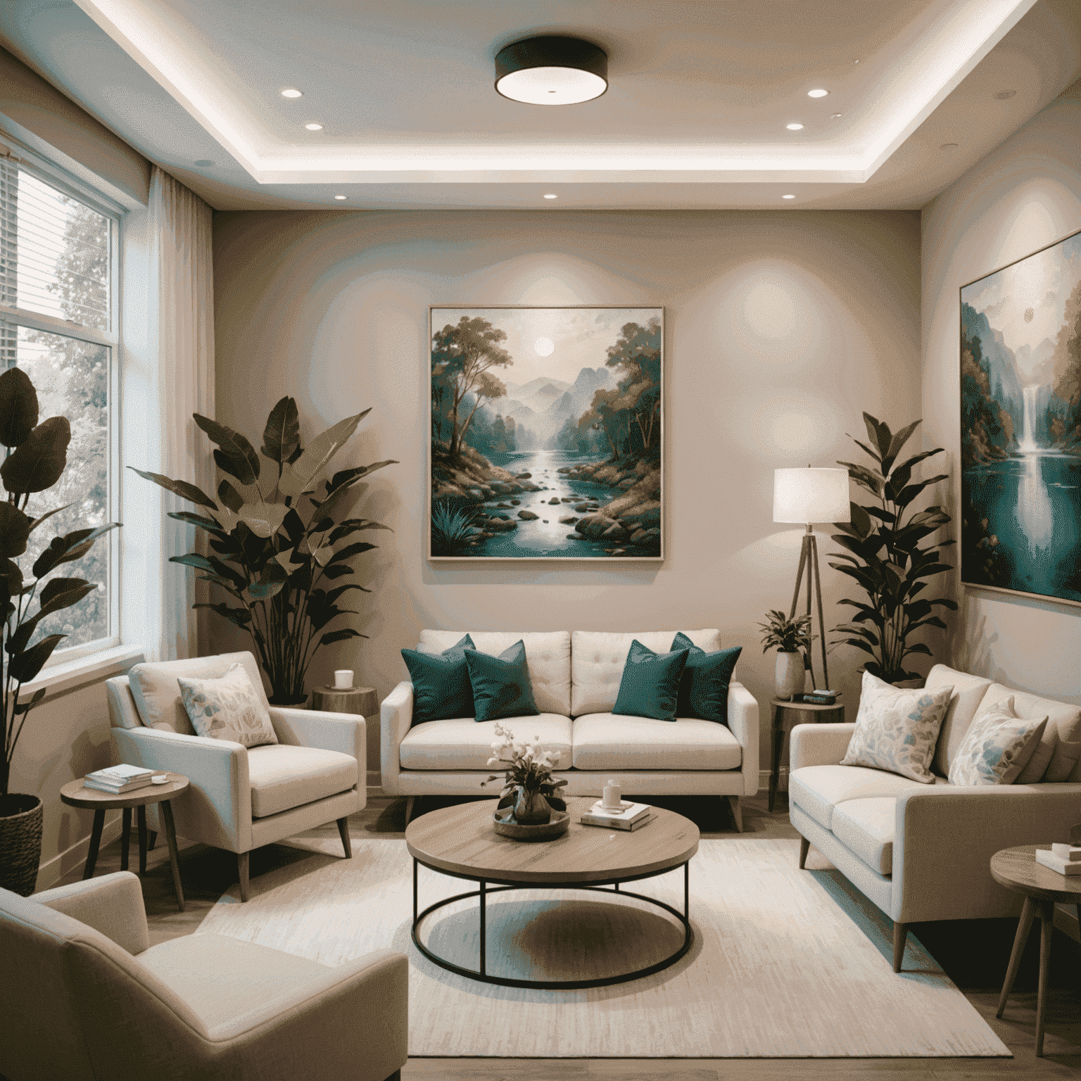 A serene counseling room with comfortable seating, soft lighting, and calming nature-inspired artwork, creating a safe and welcoming environment for therapy sessions