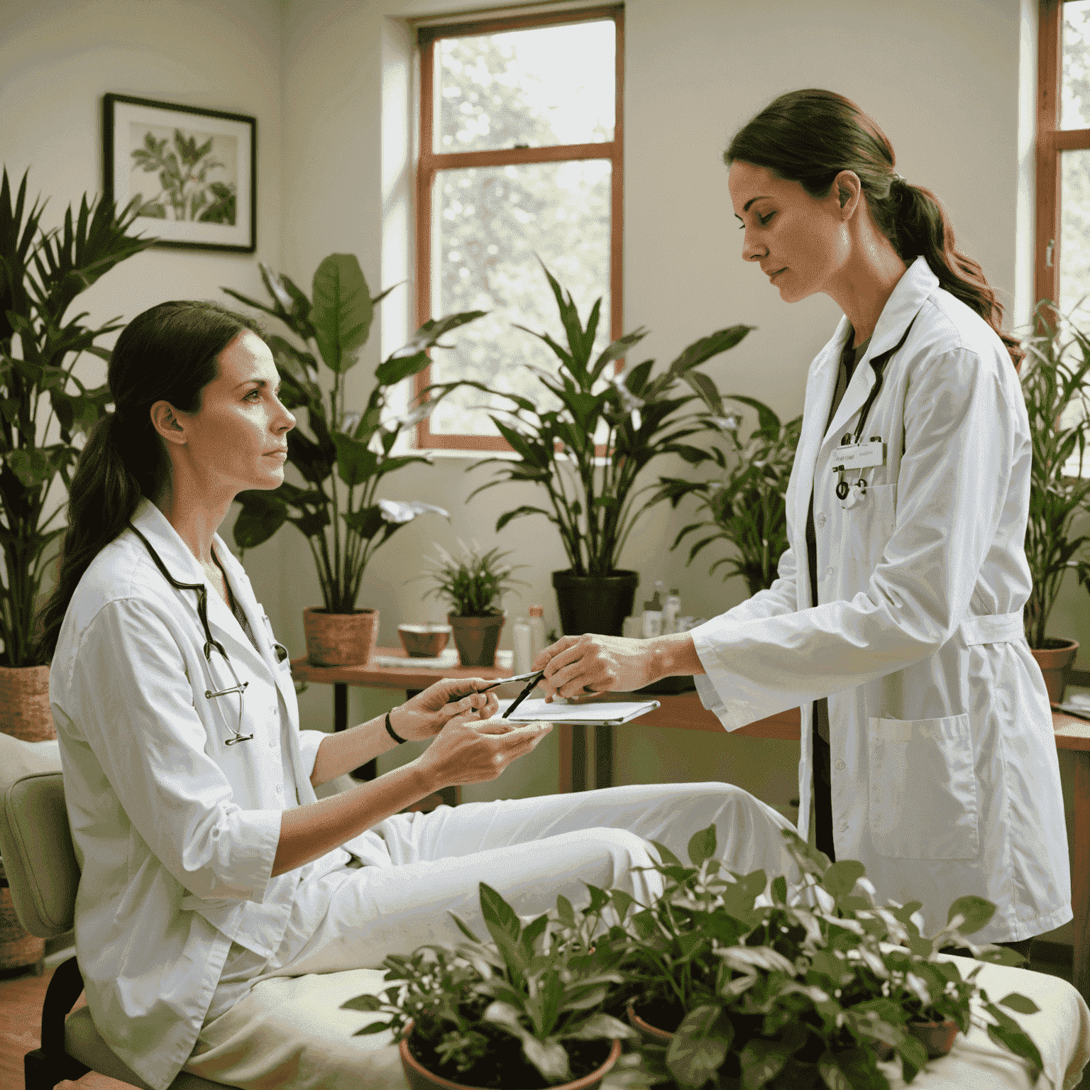 A serene image of a person undergoing a holistic health assessment. The scene depicts a calm, well-lit room with natural elements like plants. A healthcare professional is seen interacting with a patient, using various assessment tools and engaging in conversation.