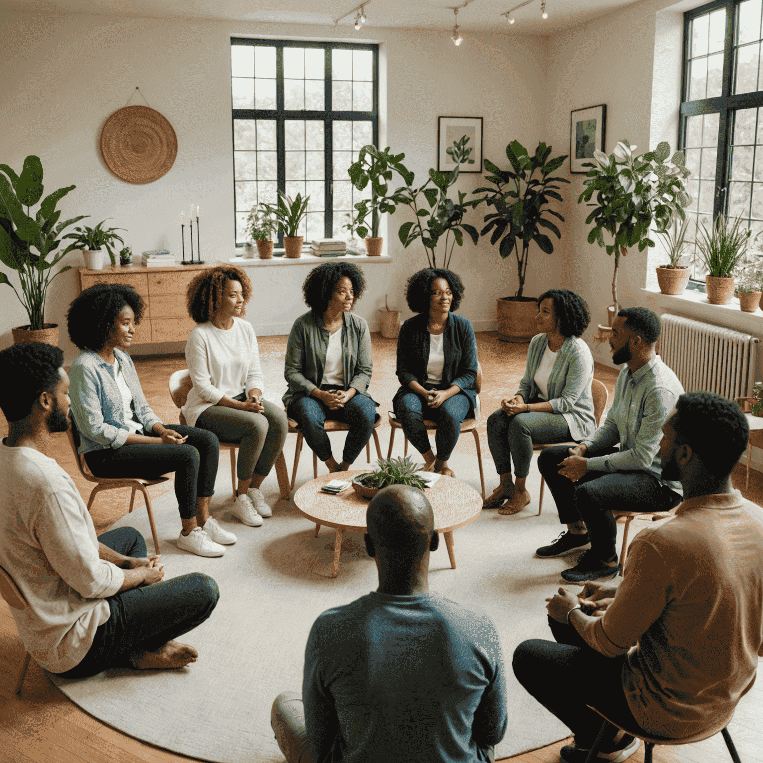 A group of diverse individuals participating in a wellness workshop, seated in a circle and engaged in discussion. The room has a calm atmosphere with plants and natural light.