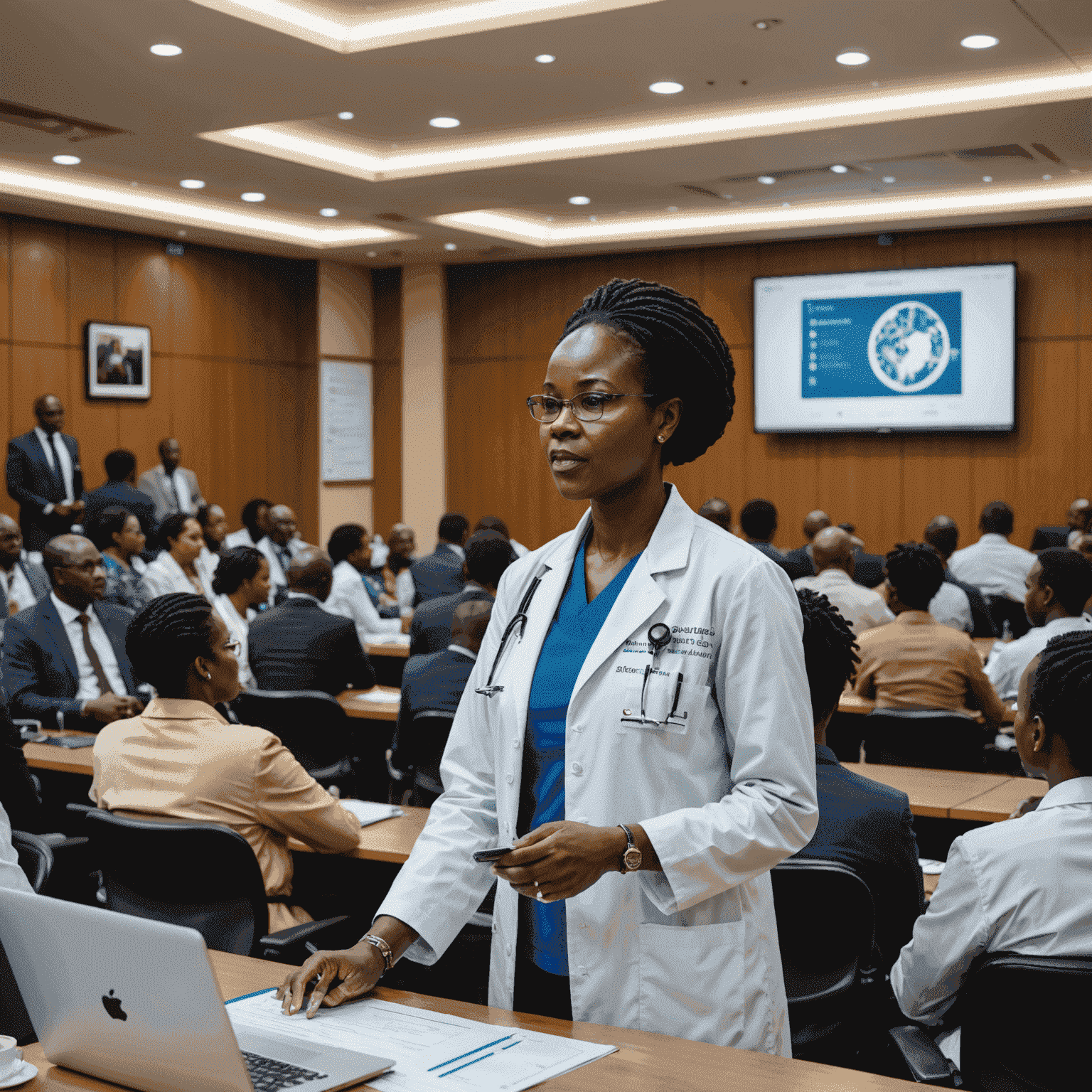 Dr. Amina Ochieng presenting research findings to a diverse group of medical professionals in a modern conference room in Kampala
