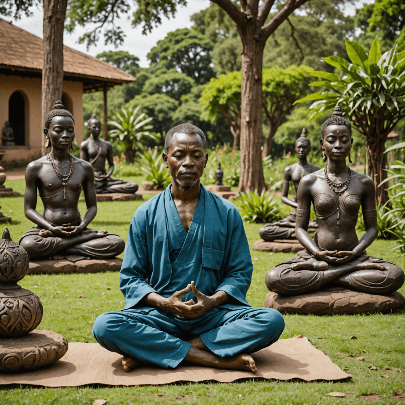 A group of diverse Ugandians practicing meditation in a peaceful garden setting, with traditional African sculptures in the background