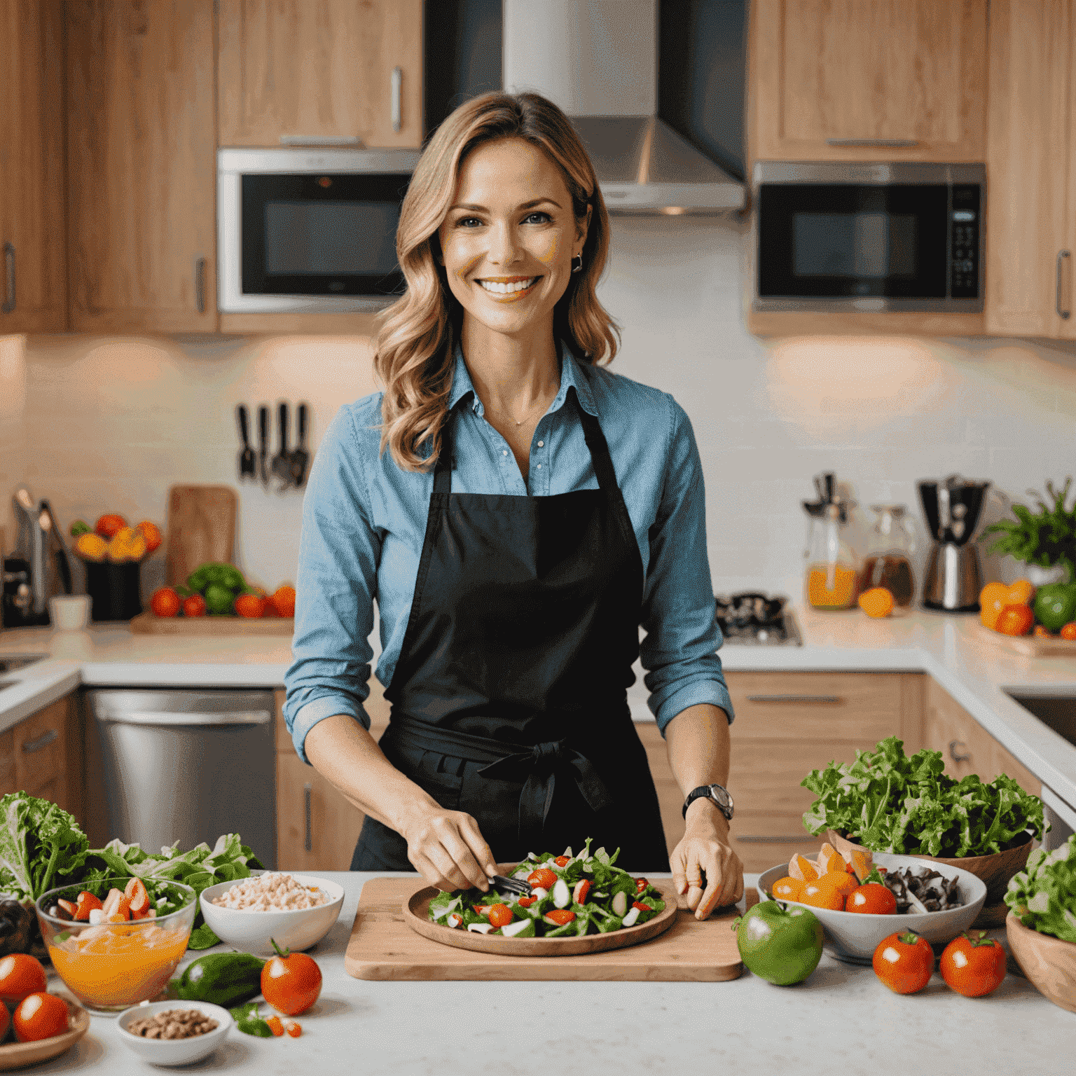 A smiling nutritionist in a bright, modern kitchen preparing a colorful salad with various nutrient-dense ingredients