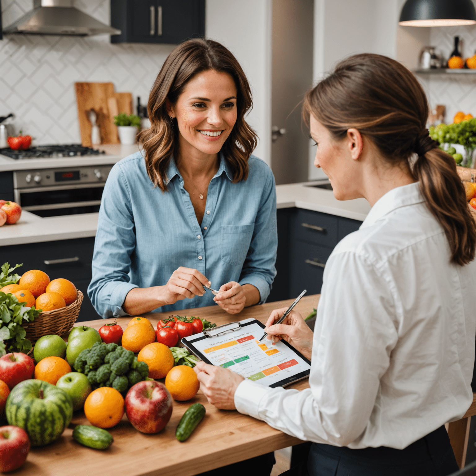 A nutritionist discussing a personalized meal plan with a client, surrounded by fresh, colorful fruits and vegetables