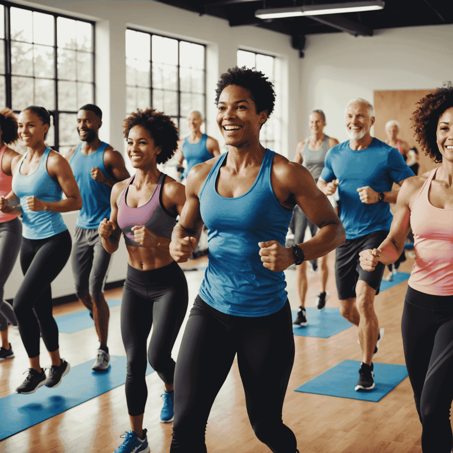 A diverse group of individuals participating in a high-energy group fitness class led by an enthusiastic instructor. The scene showcases various exercise equipment and participants of different ages and fitness levels, all engaged in the workout with smiles on their faces.