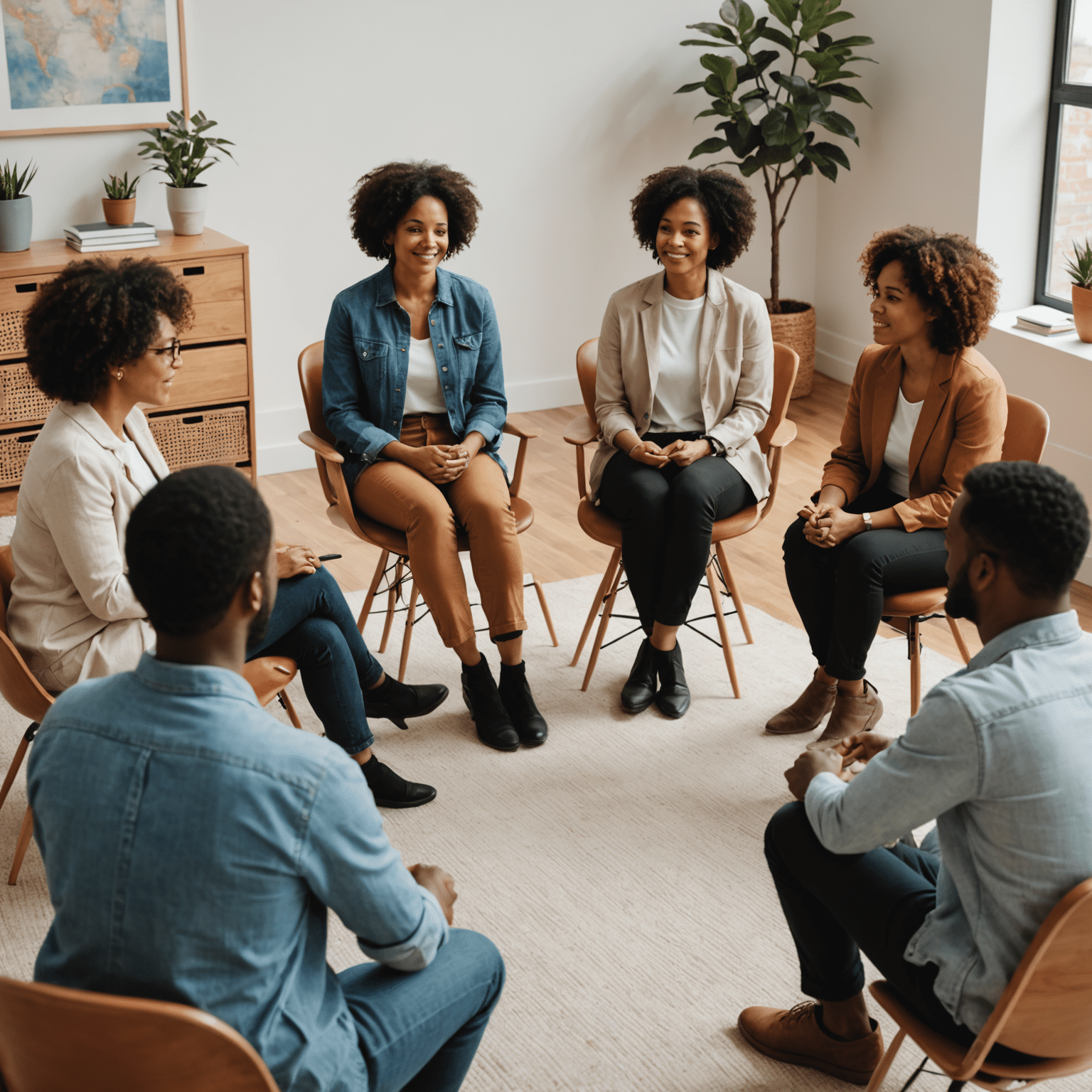 A diverse group of people participating in a supportive group therapy session, sitting in a circle and engaging in meaningful conversation