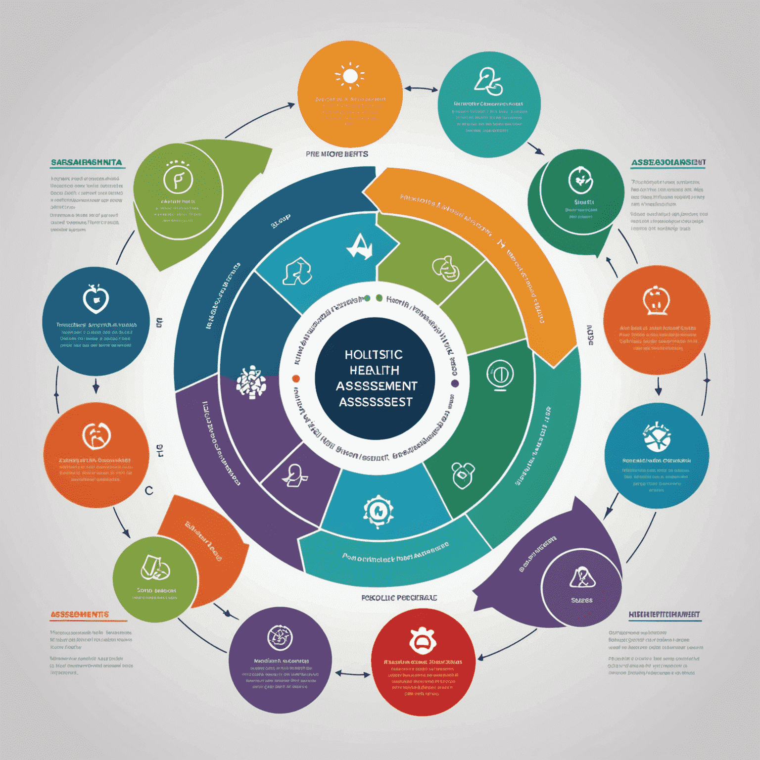 An infographic showing the five steps of the holistic health assessment process. Each step is represented by a simple icon and brief description, arranged in a circular flow to indicate the comprehensive nature of the assessment.