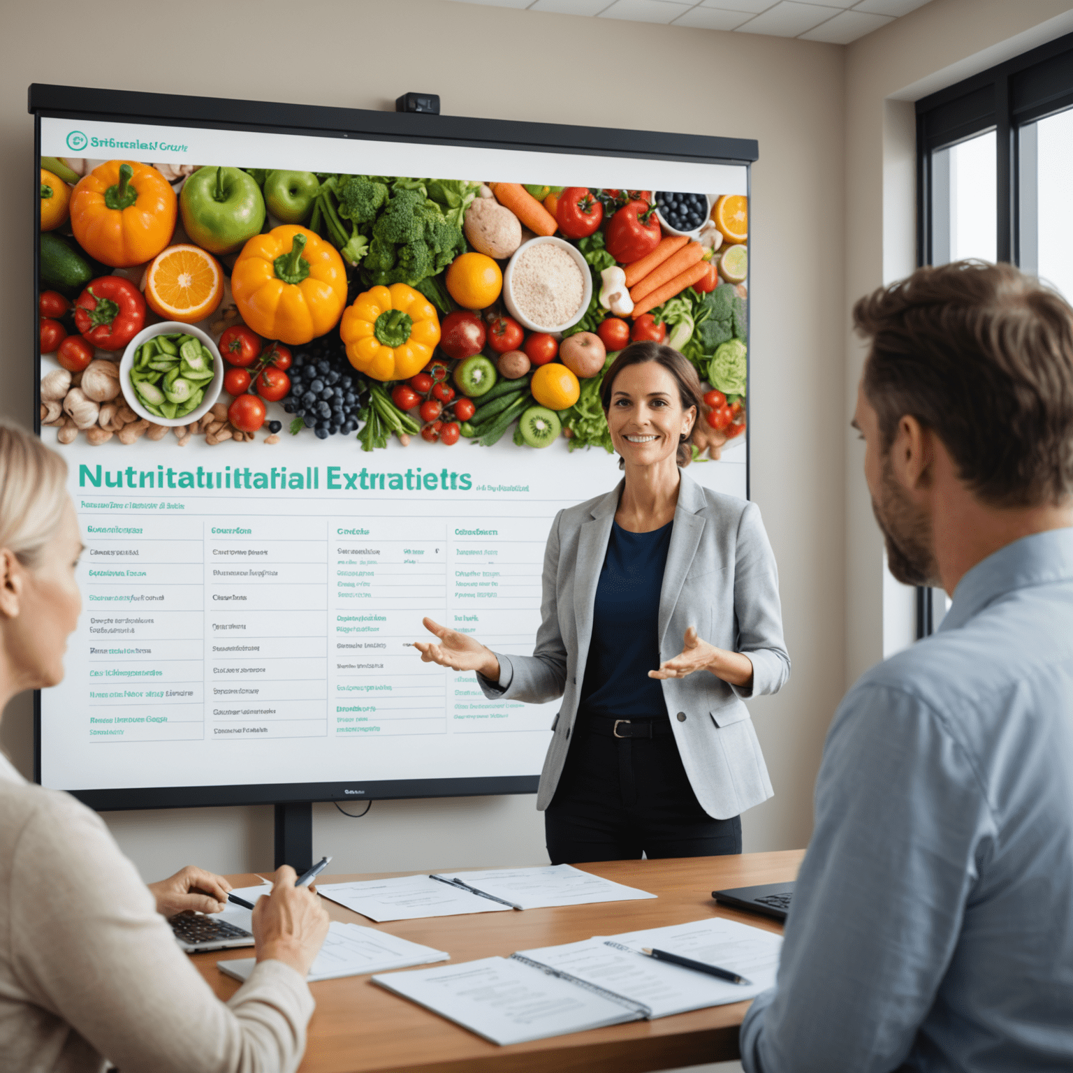 A wellness expert presenting information on a large screen, showing nutritional facts and healthy lifestyle tips. Participants are taking notes and asking questions.