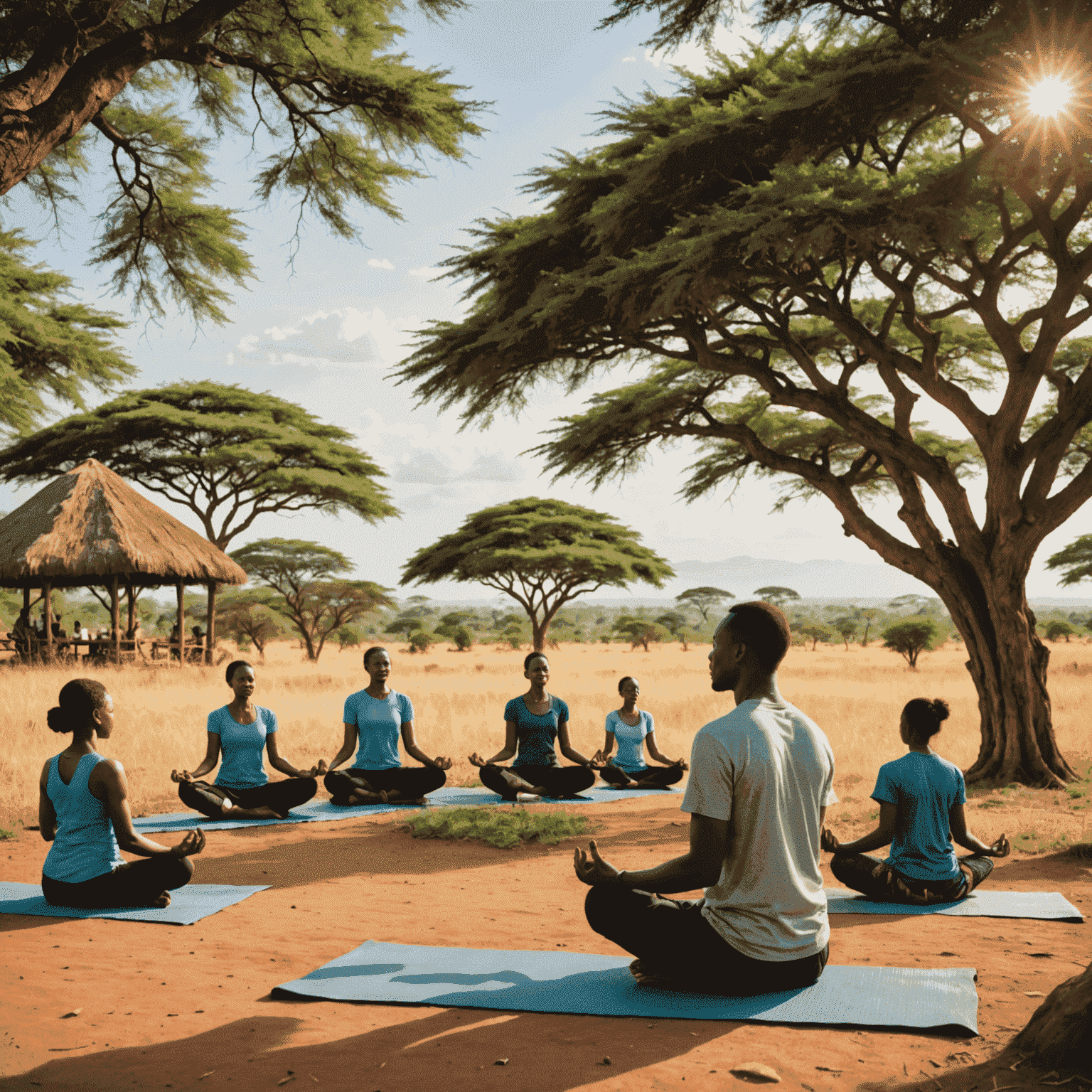 A serene Ugandian landscape with people practicing yoga, meditation, and other wellness activities, showcasing popular wellness trends in East Africa