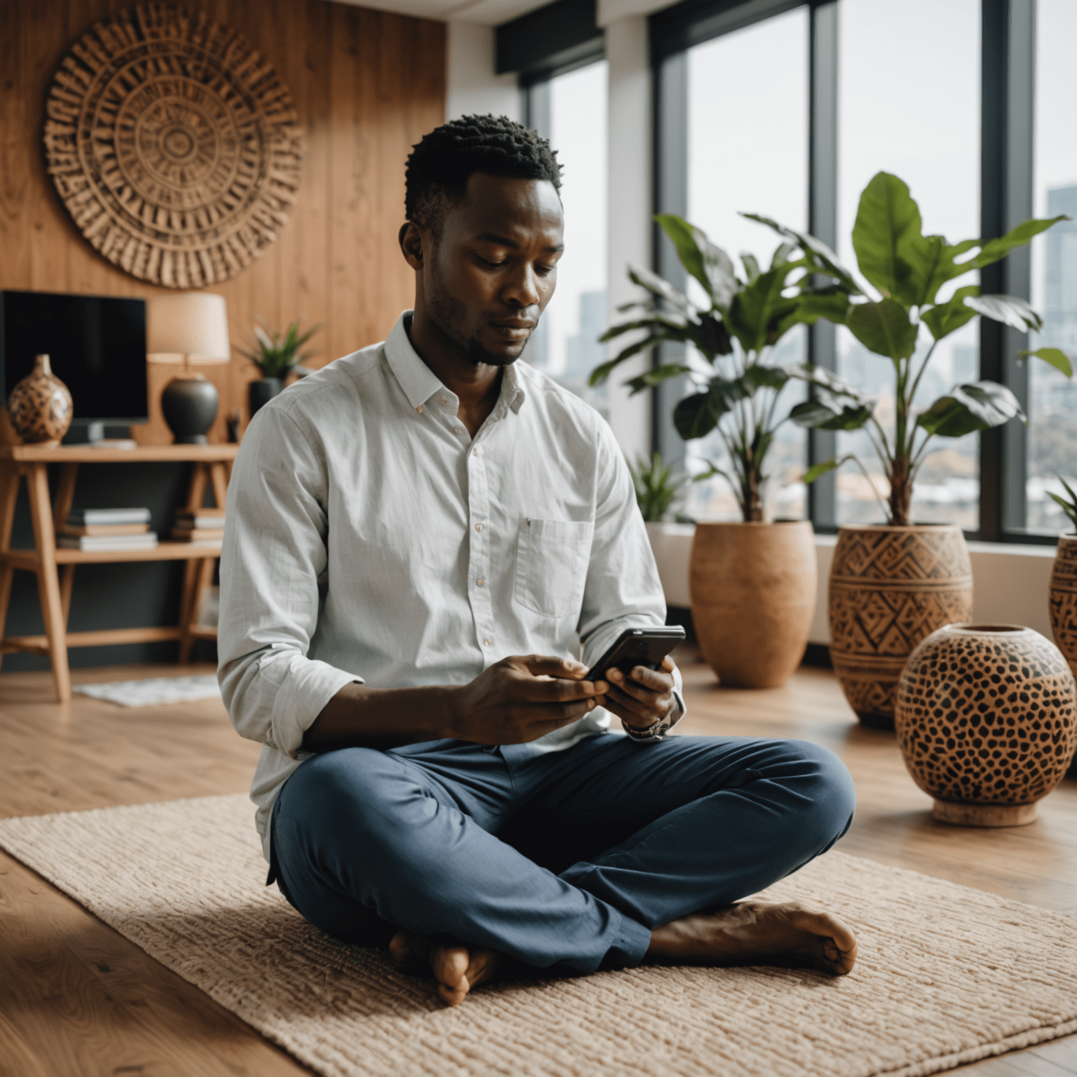 A Ugandian professional using a meditation app on a smartphone while sitting in a modern office space with African-inspired decor