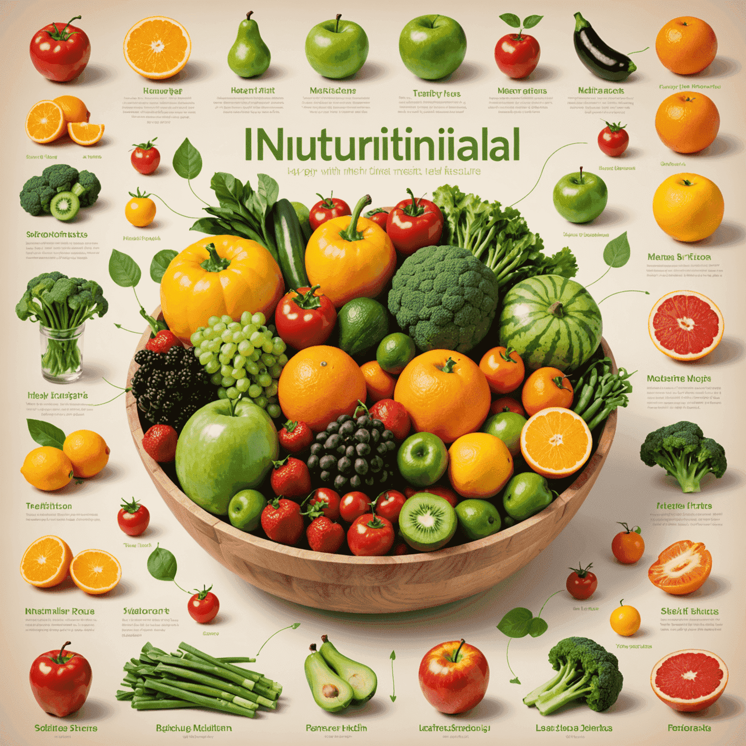 A colorful array of fresh fruits, vegetables, and healthy meals with infographics showing nutritional information and diet tips