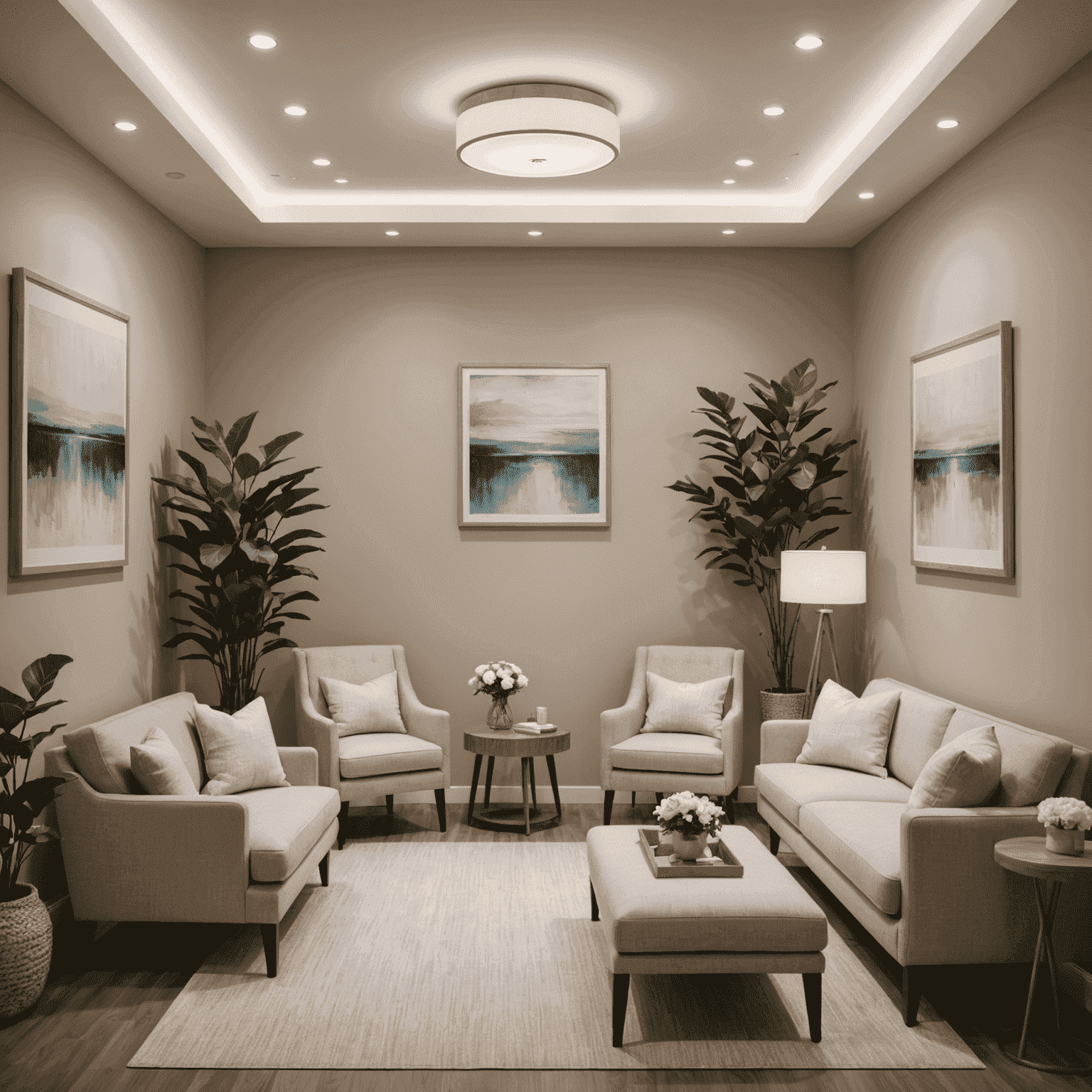 A calm and welcoming therapy room with comfortable seating, soft lighting, and soothing decor