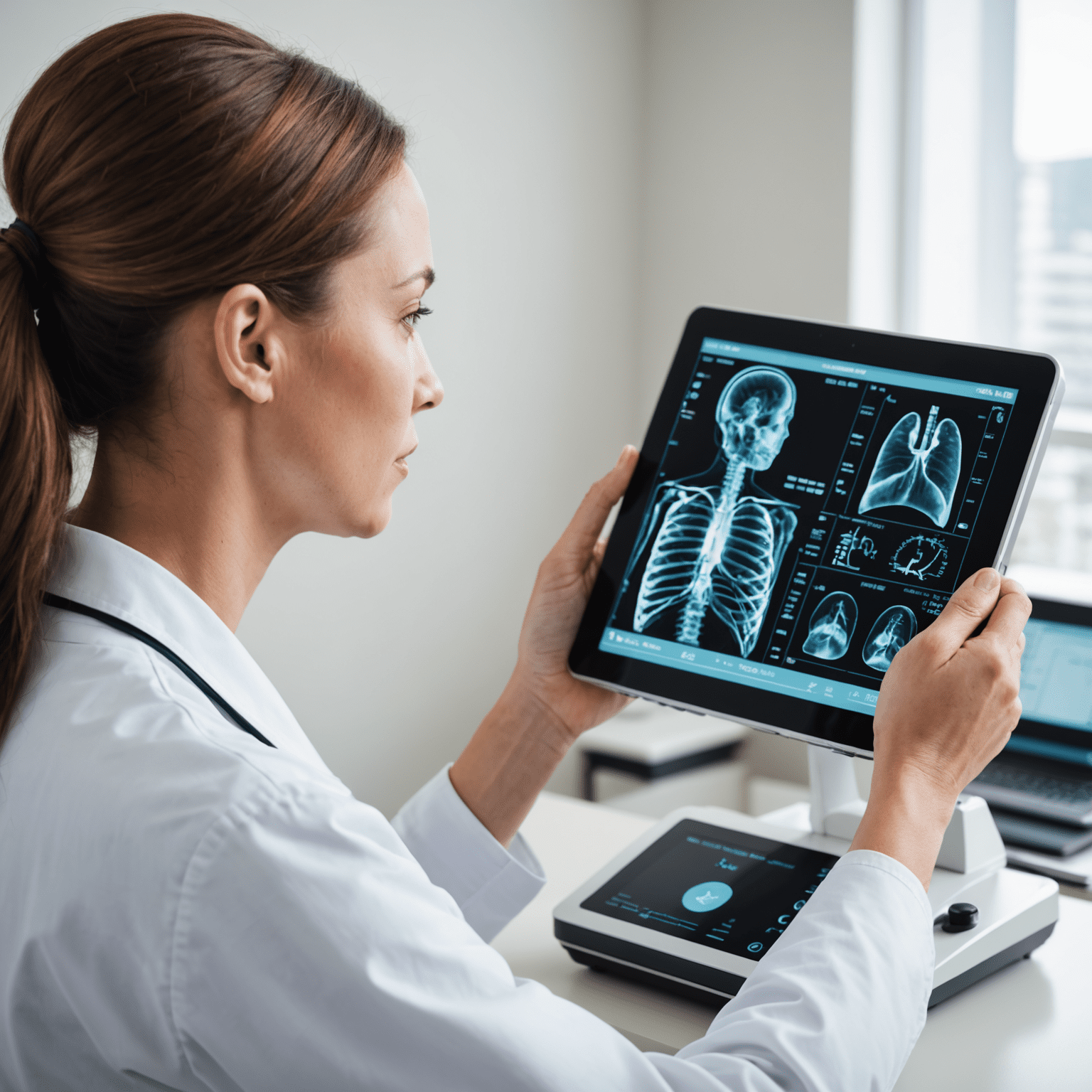 A healthcare professional conducting a comprehensive health assessment, using modern medical equipment and holistic evaluation techniques