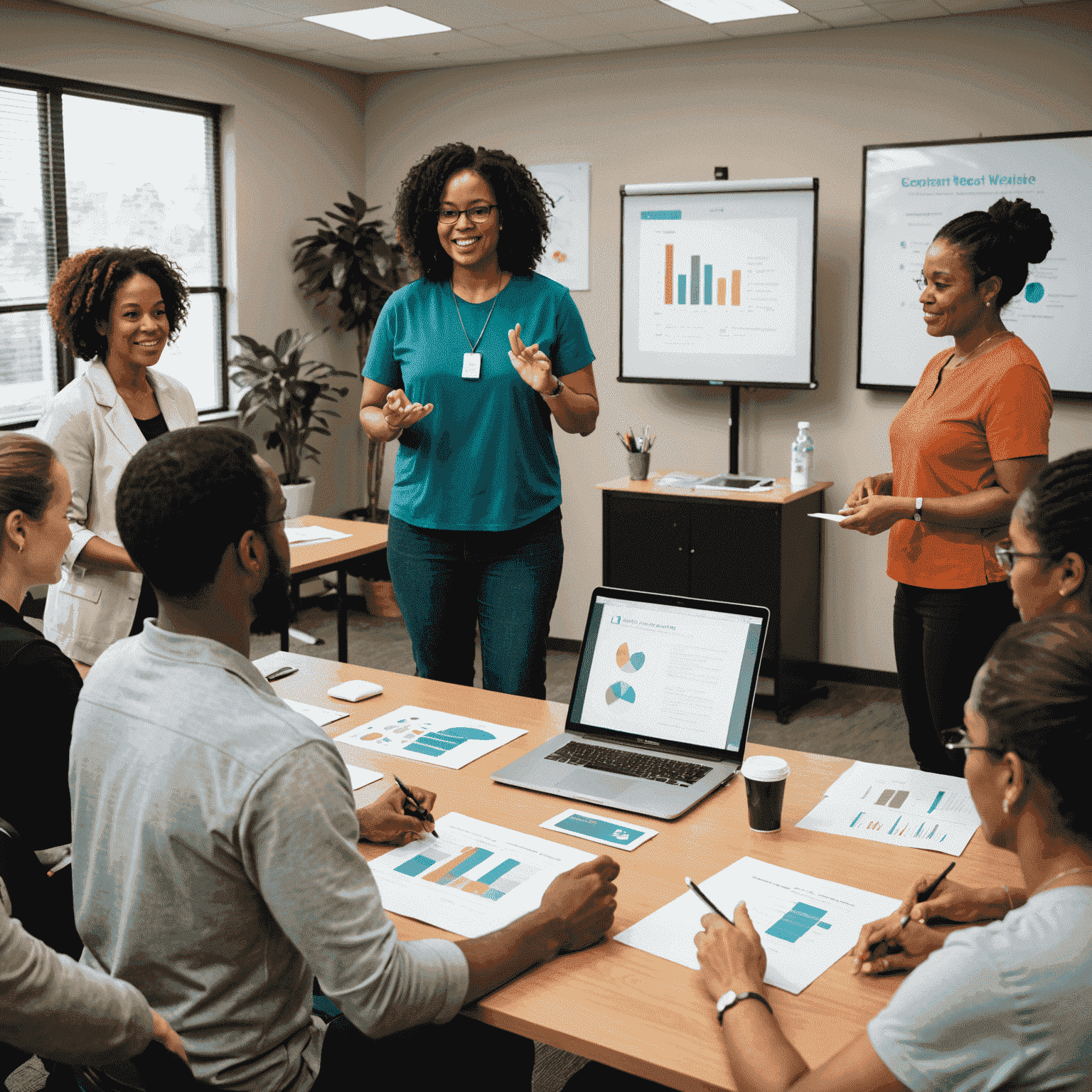 A diverse group of people participating in an interactive wellness workshop, with a presenter using visual aids to explain health concepts